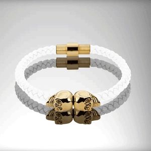 NEW Genuine WHITE Leather Gold Skull Bracelet